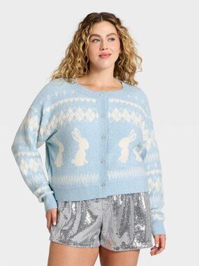 Women's Rabbit Print Cropped Cardigan Sweater - Wild Fable™ Blue XXL